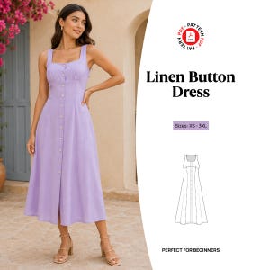 Op de afbeelding: Een lavendelkleurige midi-jurk met een vierkante halslijn, brede schouderbanden en een verticale rij knopen aan de voorzijde. De tekst luidt Linen Button Dress, Sizes: XS - 3XL, inclusief een PDF-patroonicoon en een lijntekening.