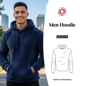 Può includere: Una felpa con cappuccio in pile blu navy con cappuccio, maniche lunghe e una tasca a marsupio frontale. L'immagine include il testo PDF Pattern, Men Hoodie, Sizes: XS - 3XL e un disegno al tratto in bianco e nero del modello della felpa.