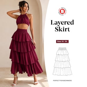 May include: A PDF sewing pattern for a layered skirt with a smocked waistband and four tiers of fabric. The document includes the text Layered Skirt, Sizes: XS - 3XL, and a black and white line drawing of the skirt design on a white background.