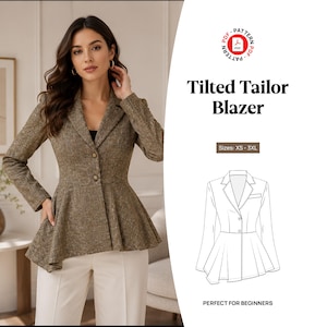 Puede incluir: Un blazer de tweed marrón con dobladillo de peplum, mangas largas y dos botones frontales. El texto dice Tilted Tailor Blazer, Sizes: XS - 3XL, y PDF Pattern. Se incluye un dibujo lineal en blanco y negro del blazer como referencia.