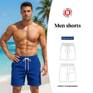 Może przedstawiać: Cyfrowy wykrój krawiecki w formacie PDF dla szortów, zawierający tekst Men shorts, Sizes: XS - 3XL oraz PERFECT FOR BEGINNERS. Obraz przedstawia techniczny rysunek liniowy szortów z przodu i z tyłu obok niebieskich szortów.