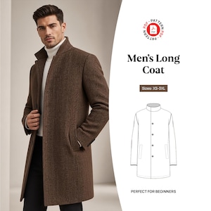 May include: A brown herringbone long coat with a high collar and button front closure. The image includes a PDF pattern label, the text Men's Long Coat, size range XS-3XL, a technical line drawing of the coat, and the text PERFECT FOR BEGINNERS.