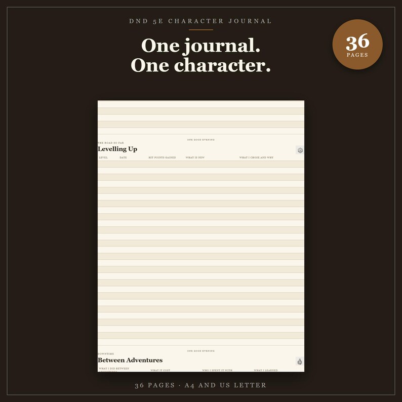 D&D Charakterjournal 5e | 36-seitiges, druckbares Kampagnennotizbuch, Sitzungsprotokoll und Charakterbogen – das perfekte Geschenk für Spielleiter Bild 1
