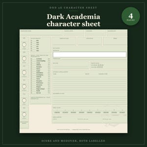 DnD Character Sheet 5e Dark Academia | Fillable and Printable PDF, Illustrated Character Sheet for Beginner DnD image 1