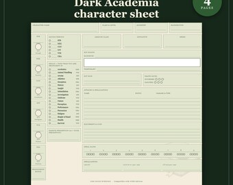 D&D-personageblad 5e editie Dark Academia | Invulbaar en printbaar PDF-bestand, geïllustreerd personageblad voor beginnende D&D-spelers