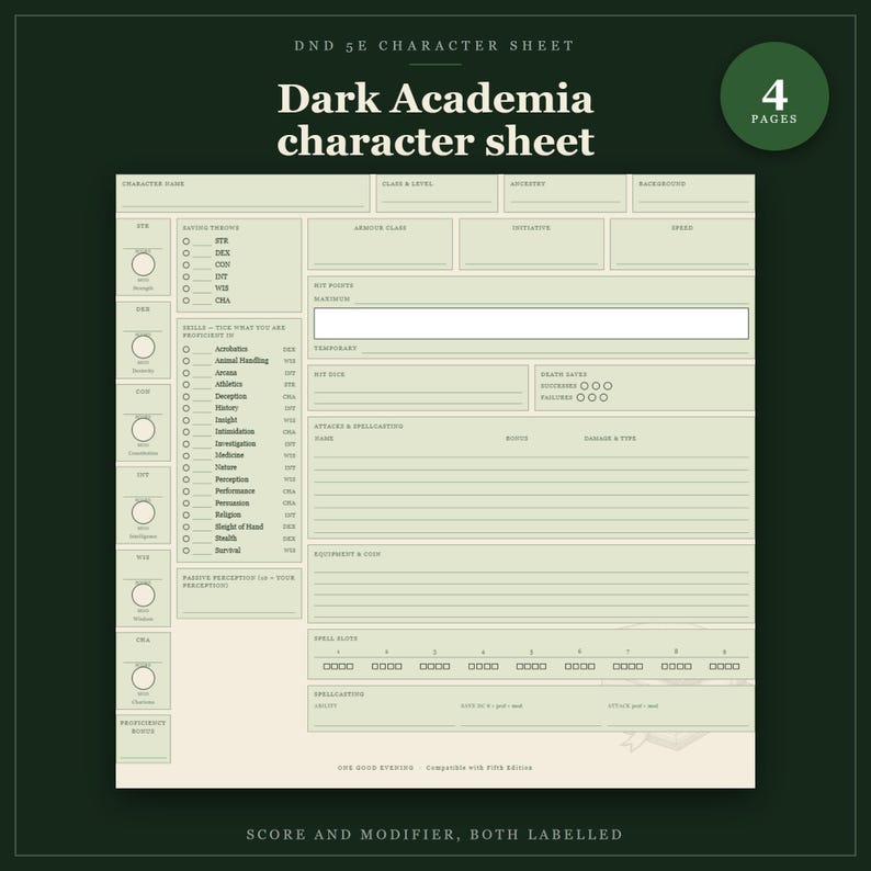 DnD Character Sheet 5e Dark Academia | Fillable and Printable PDF, Illustrated Character Sheet for Beginner DnD image 1
