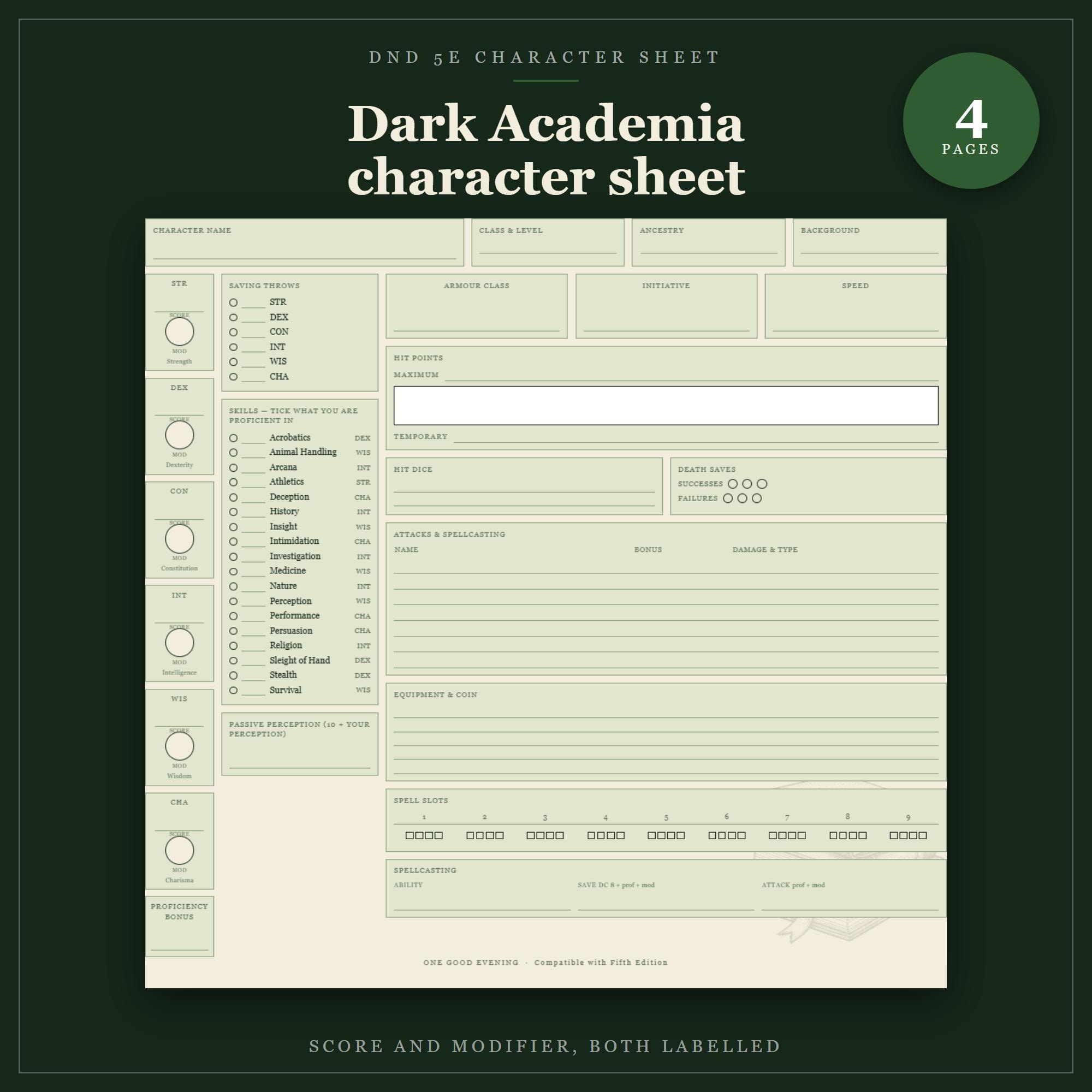 DnD Character Sheet 5e Dark Academia