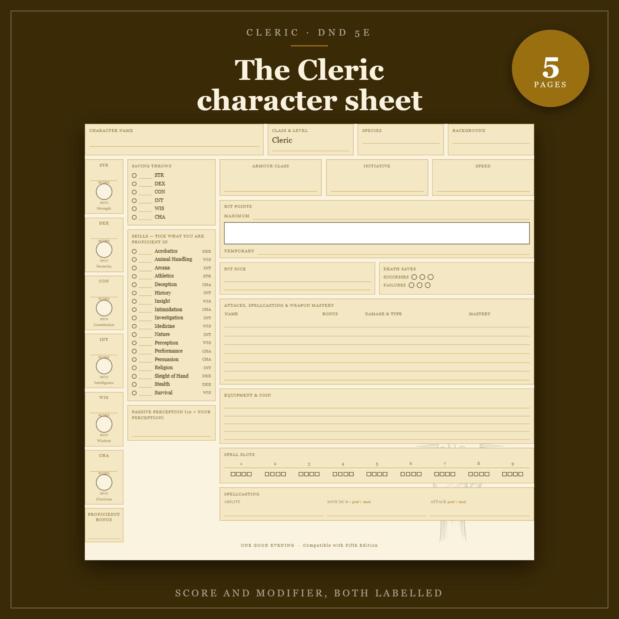 DnD Cleric Character Sheet 2024