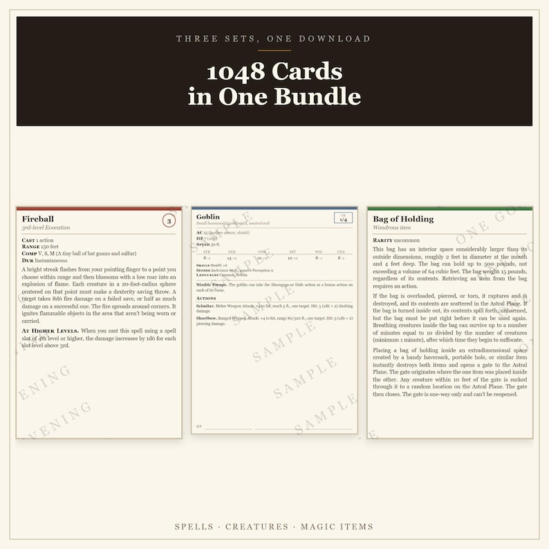 Paquete de cartas de D&D 5e / 1048 cartas de hechizos, monstruos y objetos mágicos, SRD 2014, regalos imprimibles para el Dungeon Master imagen 1