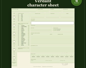 D&D-personageblad 5e editie Verdant | Invulbaar en printbaar PDF-bestand, geïllustreerd personageblad voor beginnende D&D-spelers
