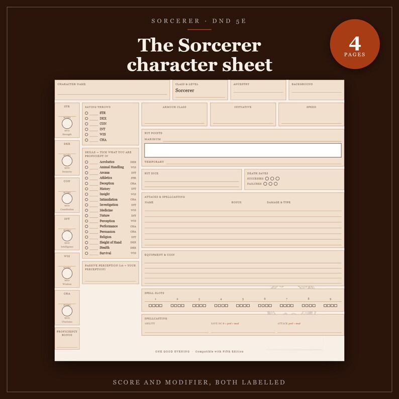 DnD Sorcerer Character Sheet 5e | Fillable and Printable PDF, Sorcerer Class Sheet for Dungeon Master Gifts image 1