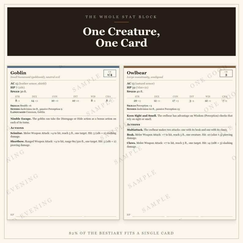DnD Monsterkaarten 5e | 322 + 331 wezenstatistieken, edities 2014 en 2024, printbare cadeaus voor de Dungeon Master afbeelding 7