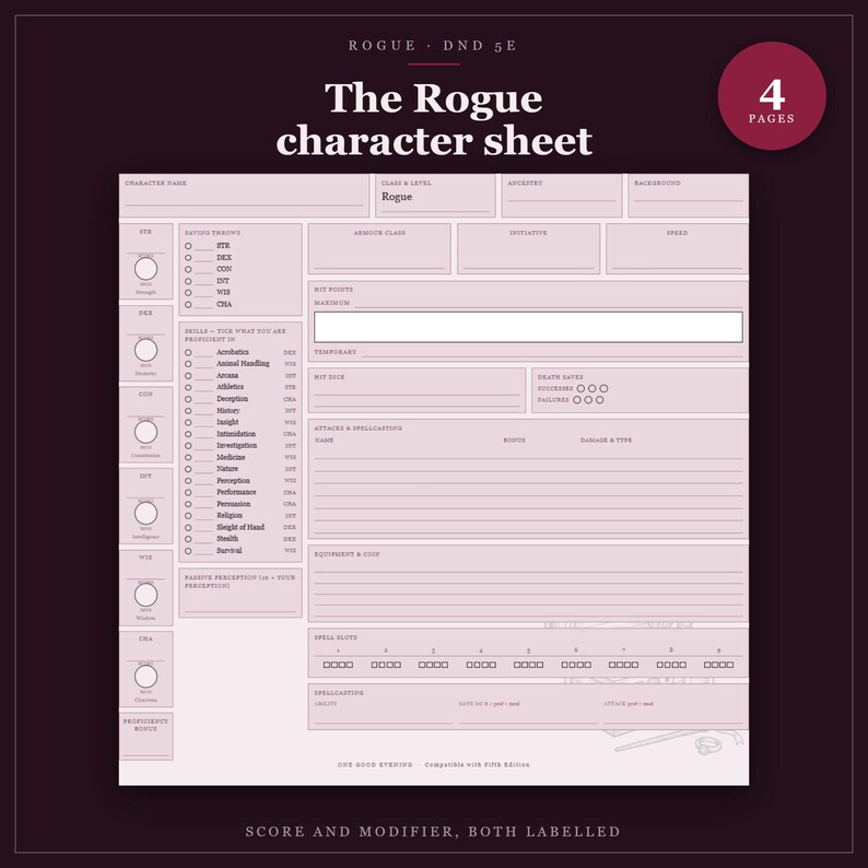 Ficha de Personagem Ladino para D&D 5e | PDF preenchível e imprimível, ficha de classe de Ladino para presentear Mestres de Masmorra imagem 1