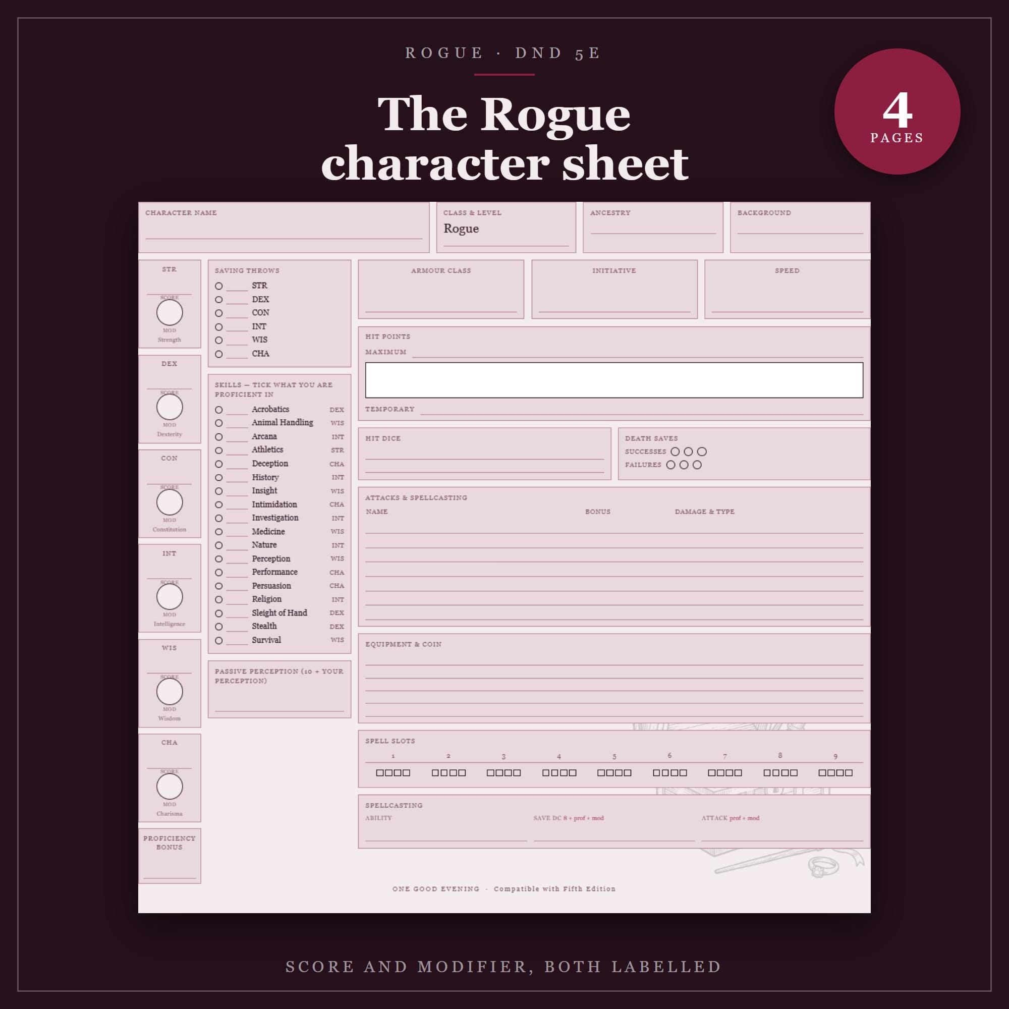 DnD Rogue Character Sheet 5e