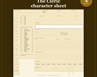 D&D Cleric personageblad 5e | Invulbaar en printbaar PDF-bestand, personageblad voor de Cleric-klasse als cadeau voor de Dungeon Master
