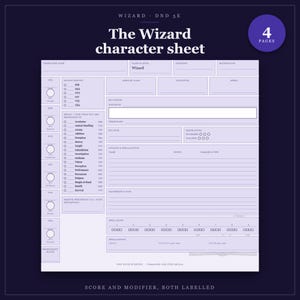 DnD Wizard Character Sheet 5e | Fillable and Printable PDF, Wizard Class Sheet for Dungeon Master Gifts image 1