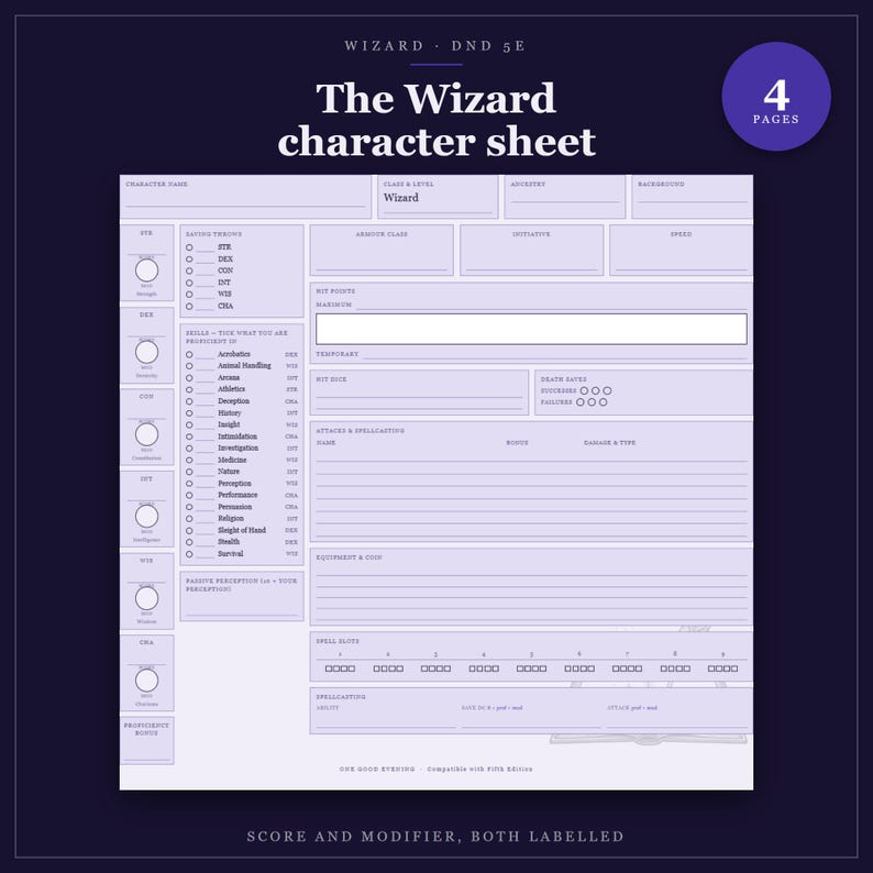 DnD Wizard Character Sheet 5e | Fillable and Printable PDF, Wizard Class Sheet for Dungeon Master Gifts image 1