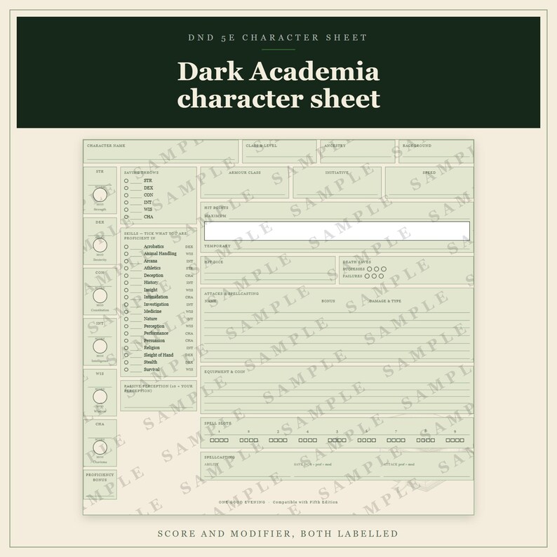 DnD Character Sheet 5e Dark Academia | Fillable and Printable PDF, Illustrated Character Sheet for Beginner DnD image 9