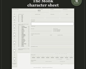 D&D Monnik Personageblad 5e | Invulbaar en printbaar PDF, Monnik klasseblad voor Dungeon Master cadeaus, D&D voor beginners, TTRPG-blad