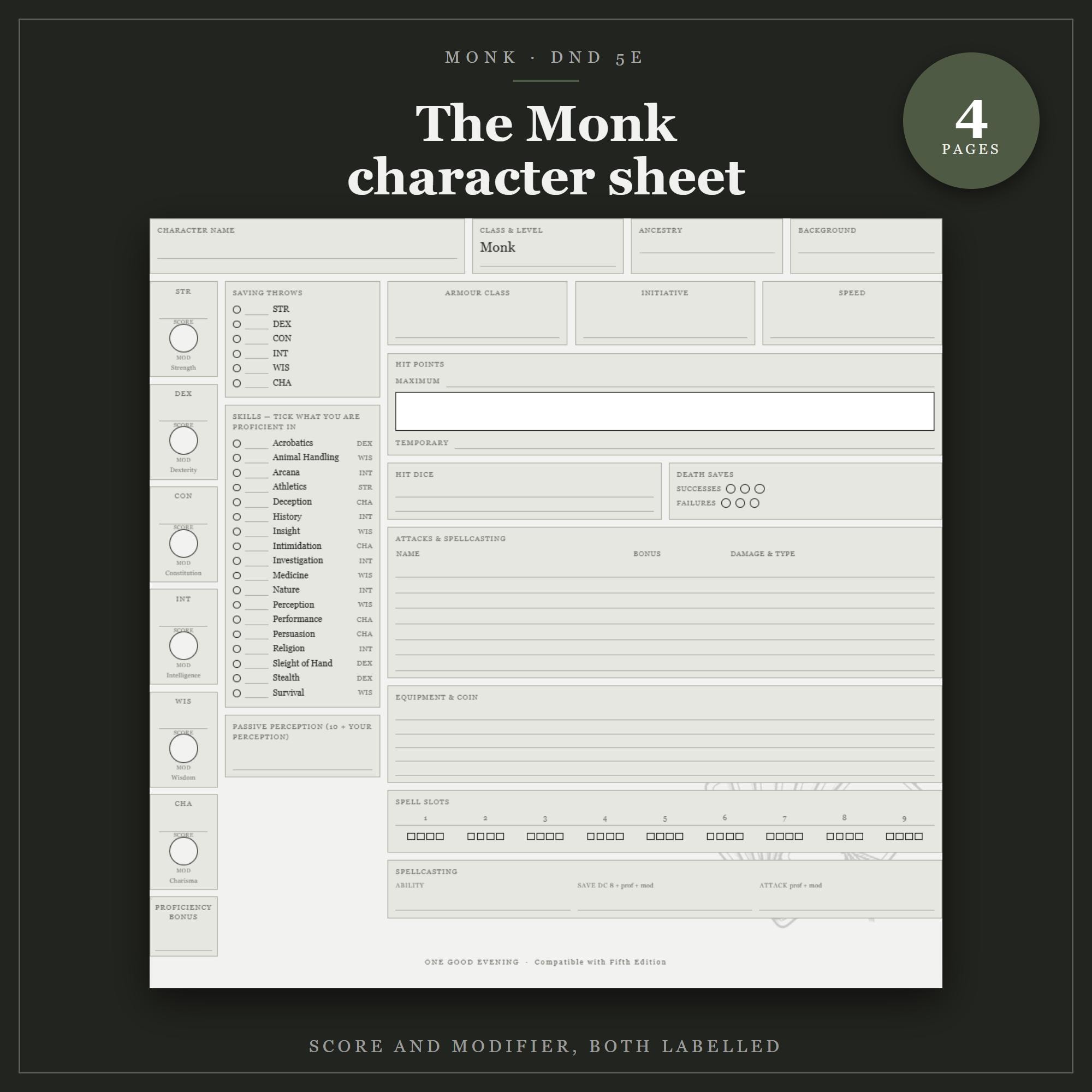 DnD Monk Character Sheet 5e