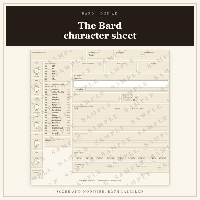 DnD Bard Character Sheet 5e | Fillable and Printable PDF, Bard Class Sheet for Dungeon Master Gifts, Beginner DnD, TTRPG Sheet image 9