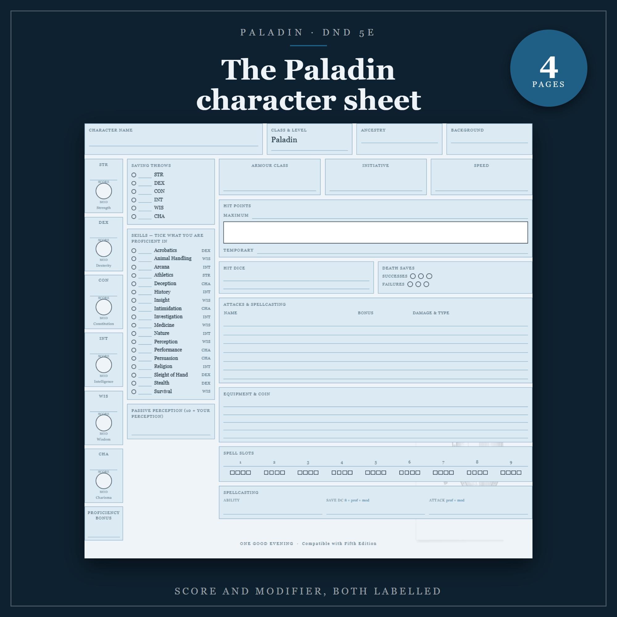 DnD Paladin Character Sheet 5e