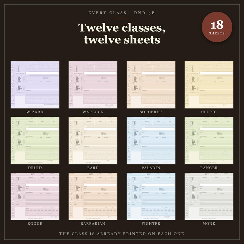 DnD Character Sheet Bundle 5e | 18 Fillable and Printable PDF Sheets, All 12 Classes for Dungeon Master Gifts image 1