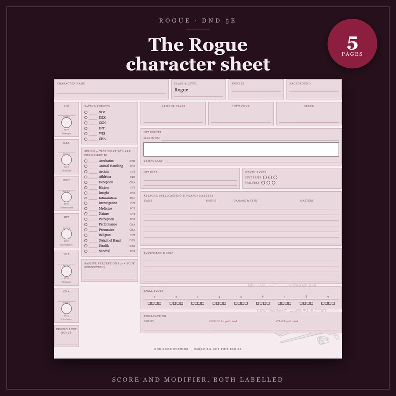 DnD Rogue Character Sheet 2024 | Fillable and Printable PDF with Weapon Mastery, Rogue Class Sheet for Dungeon Master Gifts imagen 1