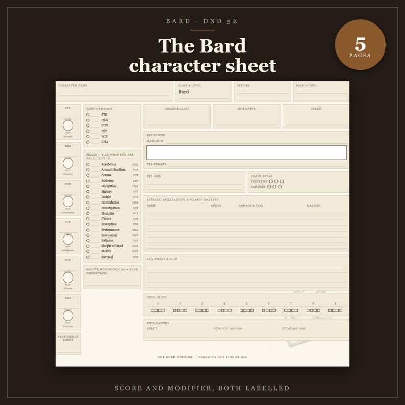 DnD Bard Character Sheet 2024 | Fillable and Printable PDF with Weapon Mastery, Bard Class Sheet for Dungeon Master Gifts image 1