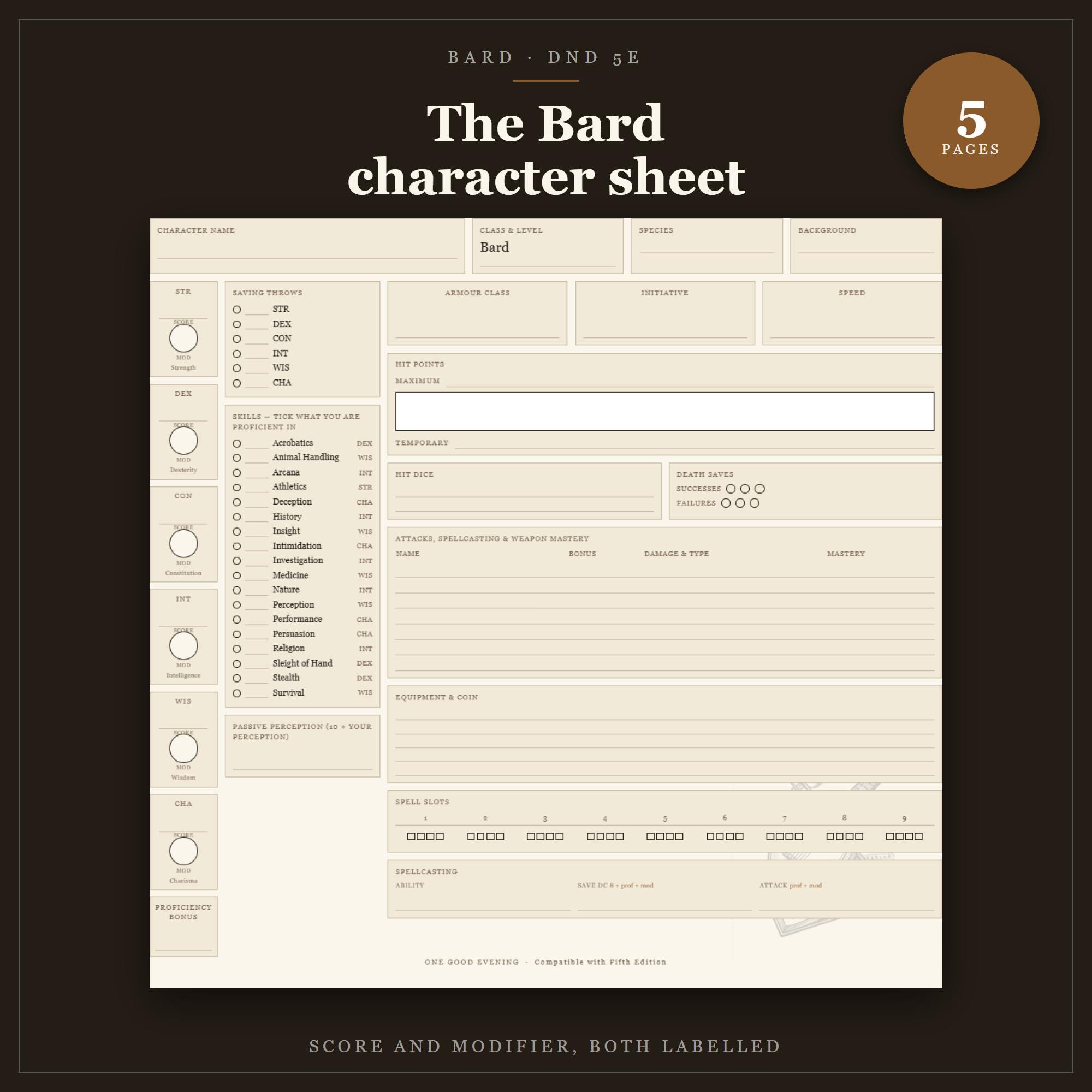 DnD Bard Character Sheet 2024