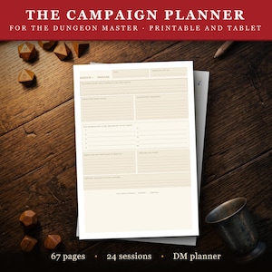 May include: A white paper campaign planner for a dungeon master with sections for session preparation, secrets, clues, and rewards. The page features lines for writing and is surrounded by wooden dice and a metal cup on a dark wooden surface.