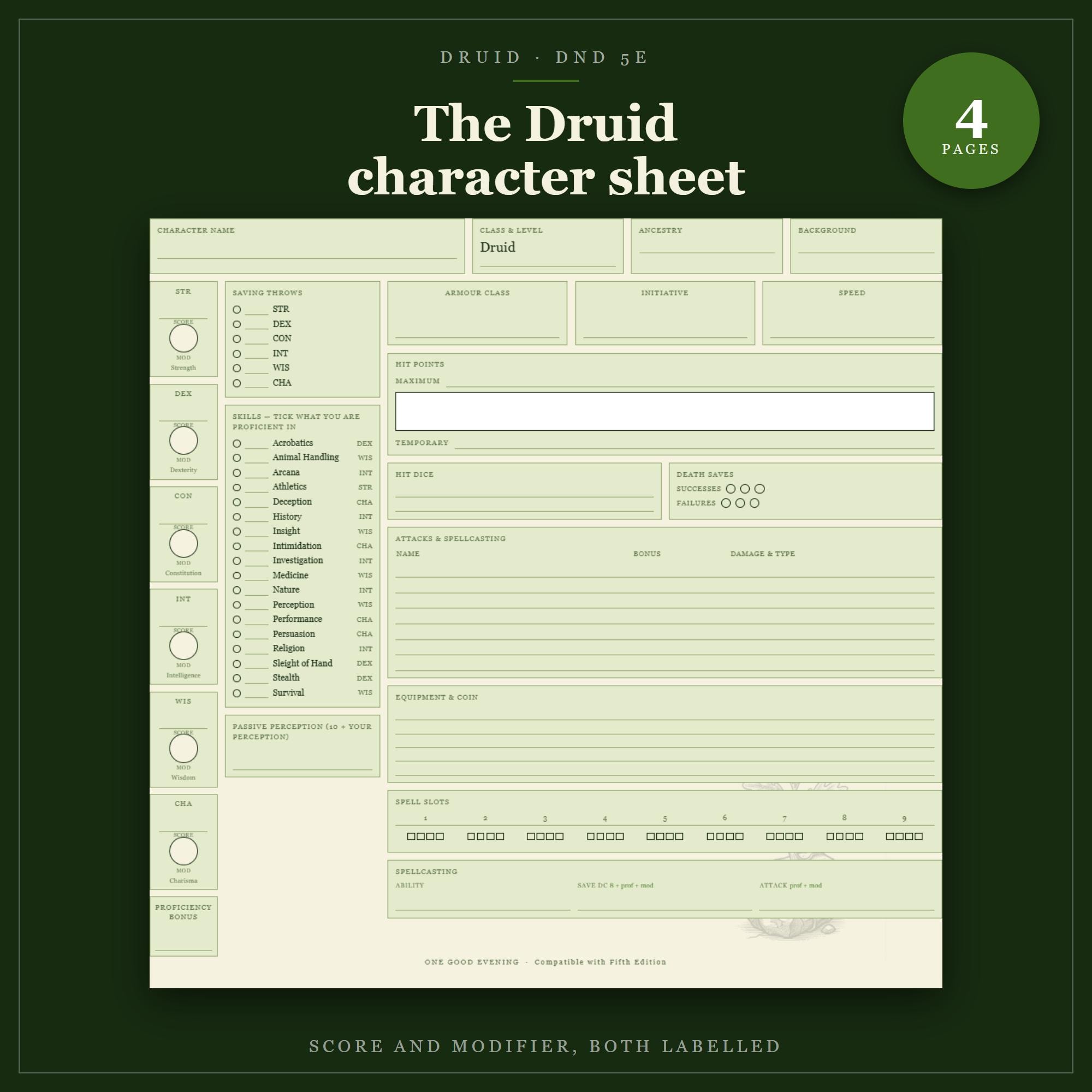 DnD Druid Character Sheet 5e