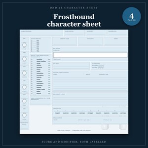 DnD Character Sheet 5e Frostbound | Fillable and Printable PDF, Illustrated Character Sheet for Beginner DnD image 1