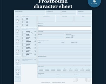 D&D-personageblad 5e Frostbound | Invulbaar en printbaar PDF-bestand, geïllustreerd personageblad voor beginnende D&D-spelers