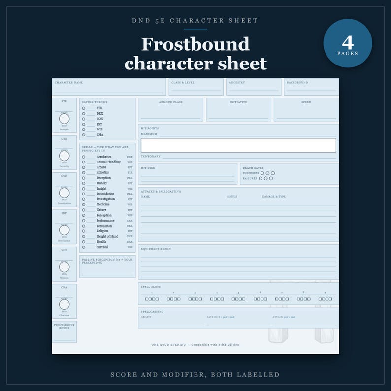 DnD Character Sheet 5e Frostbound | Fillable and Printable PDF, Illustrated Character Sheet for Beginner DnD image 1