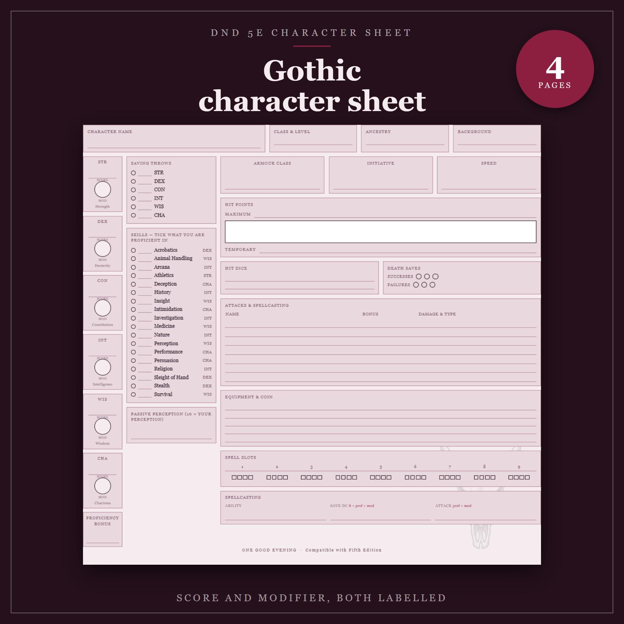 DnD Character Sheet 5e Gothic