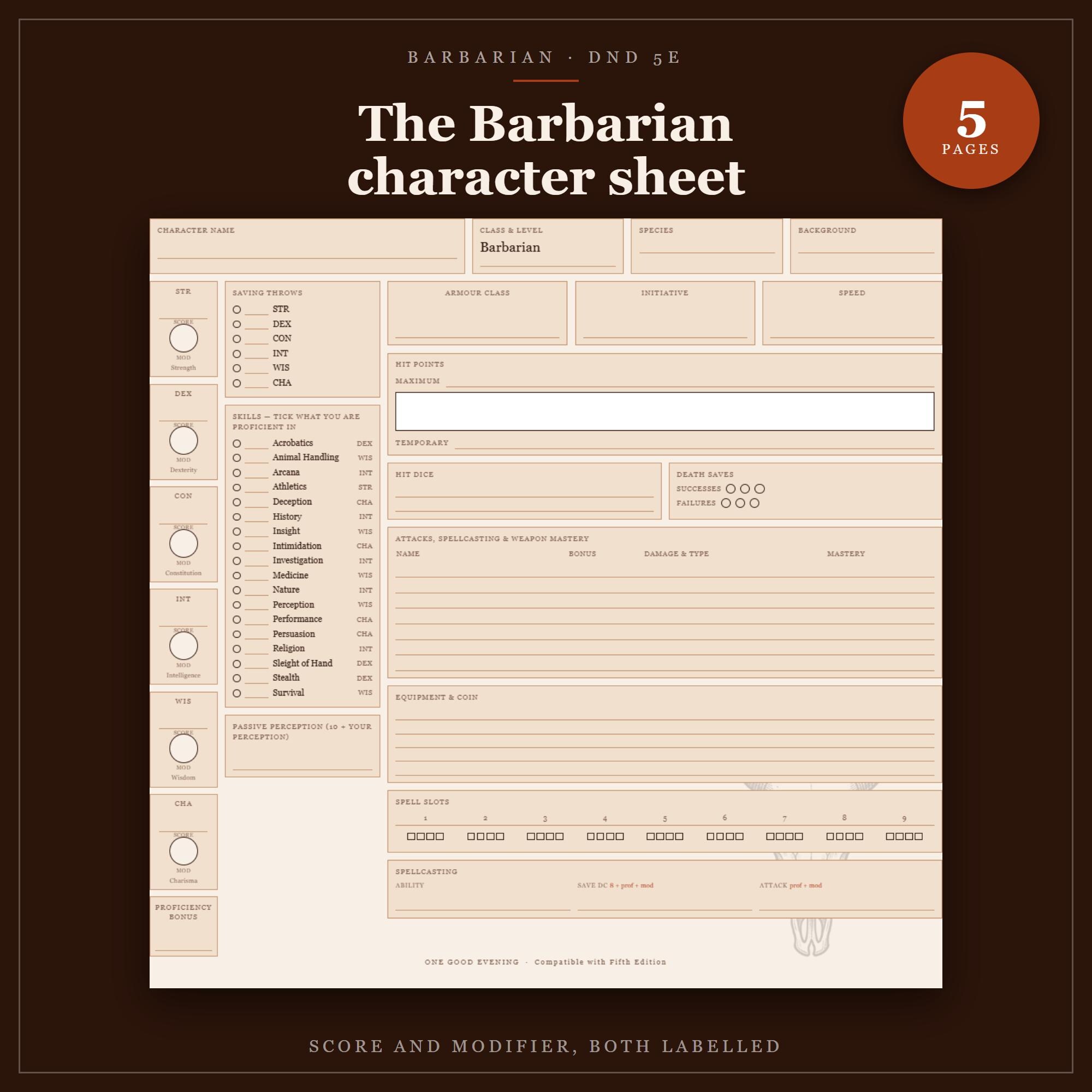 DnD Barbarian Character Sheet 2024