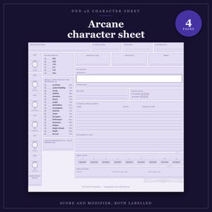 DnD Character Sheet 5e Arcane | Fillable and Printable PDF, Illustrated Character Sheet for Beginner DnD image 1