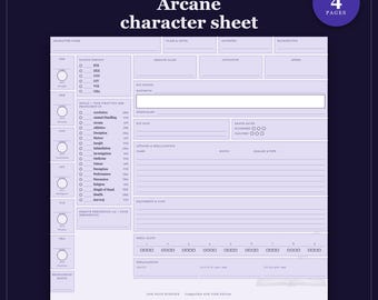D&D-personageblad 5e editie Arcane | Invulbaar en printbaar PDF-bestand, geïllustreerd personageblad voor beginnende D&D-spelers