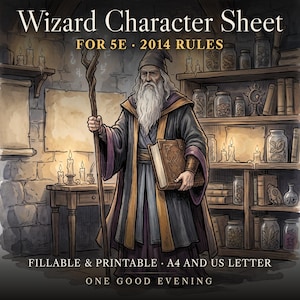 Wizard DnD Character Sheet 5e | Class-Optimized Fillable & Printable PDF | A4 + US Letter | RPG Player Sheet