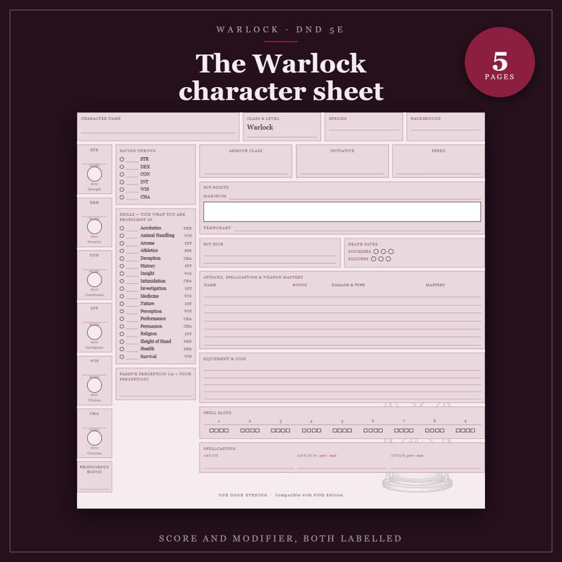 DnD Warlock Character Sheet 2024 | Fillable and Printable PDF with Weapon Mastery, Warlock Class Sheet for Dungeon Master Gifts imagem 1