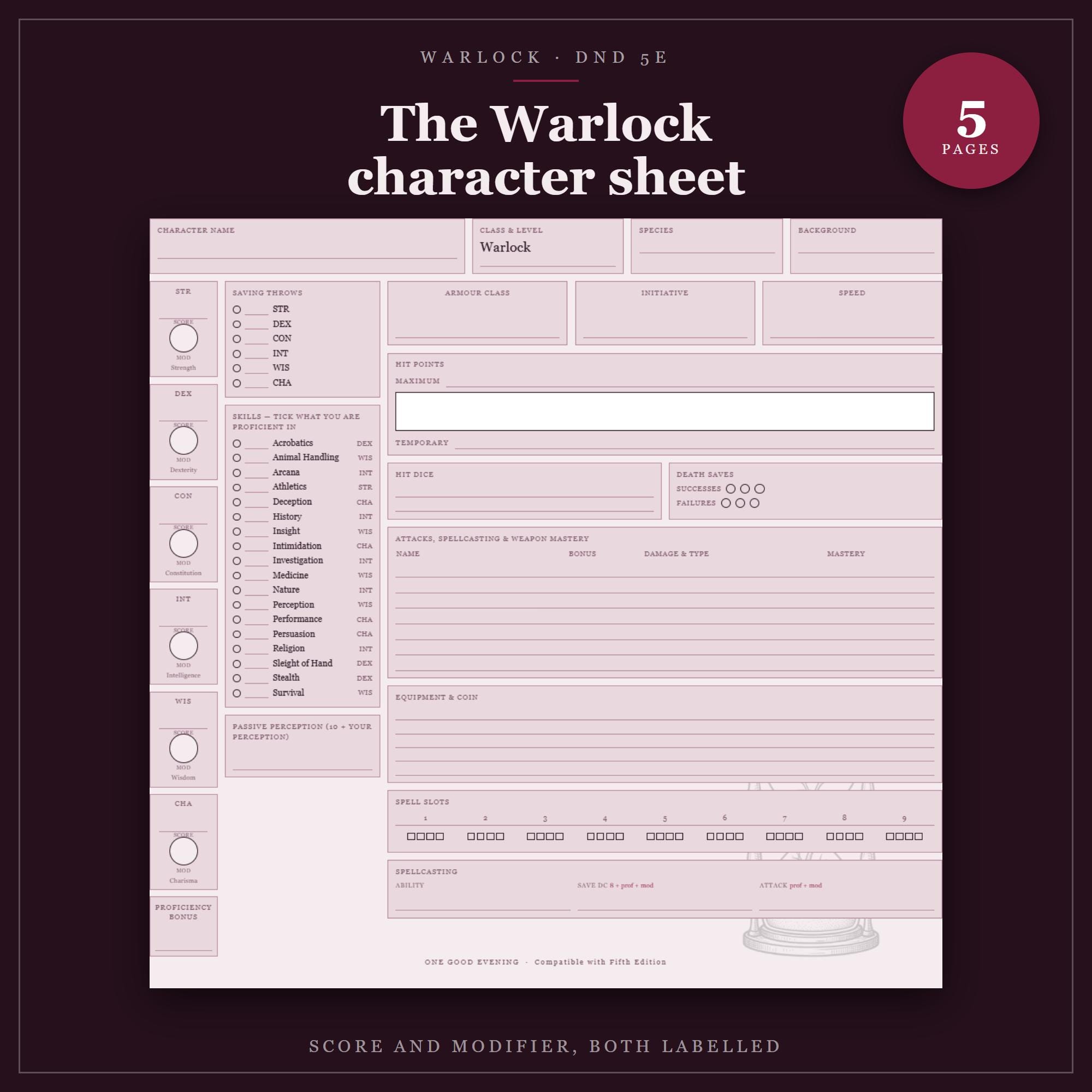DnD Warlock Character Sheet 2024