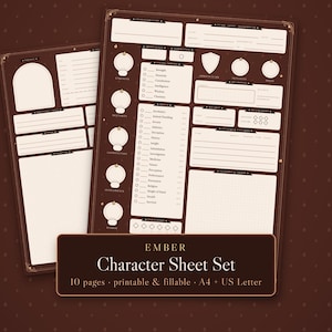 Ember DnD Character Sheet Set | 10 Page Printable & Fillable PDF, A4 + US Letter | Spell Sheet, Inventory, Session and NPC Log