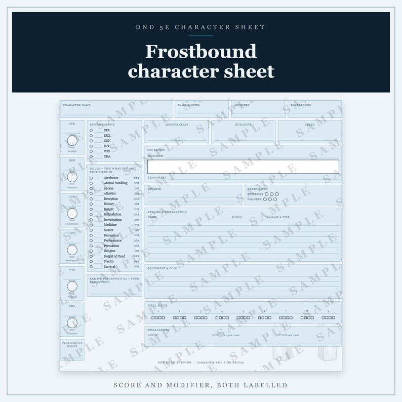 DnD Character Sheet 5e Frostbound | Fillable and Printable PDF, Illustrated Character Sheet for Beginner DnD image 9