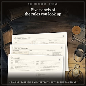 Schermo del Dungeon Master di D&D 5e / Foglio riassuntivo stampabile per il Dungeon Master, 5 pannelli, formato verticale e orizzontale, riferimento per principianti di D&D