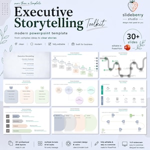 May include: An Executive Storytelling Toolkit PowerPoint template featuring over 30 slides. The design includes various business diagrams, process visualizations, and executive roadmaps with a clean, professional layout in soft pastel colors.