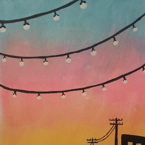 May include: A painting depicting a sunset sky with a gradient from blue to pink to orange. Three black strings of round white lights hang across the top. The bottom features a black silhouette of a city skyline with buildings and utility poles.