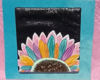 Original hand painted by artist miniature canvas panel Colorful Sunflower refrigerator magnet 3"x3" purple pink orange blue white and brown