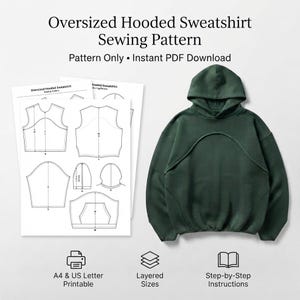 Könnte beinhalten: Ein übergroßer dunkelgrüner Kapuzenpullover mit geschwungener Brustnaht und ein Stapel weißer Papierschnittmuster. Der Text lautet Oversized Hooded Sweatshirt Sewing Pattern, Pattern Only, Instant PDF Download, A4 & US Letter Printable, Layered Sizes und Step-by-Step Instructions.