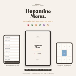 Menú de dopamina para TDAH, planificador digital GoodNotes, menú de actividades para mejorar el estado de ánimo, autocuidado neurodivergente + 90 pegatinas